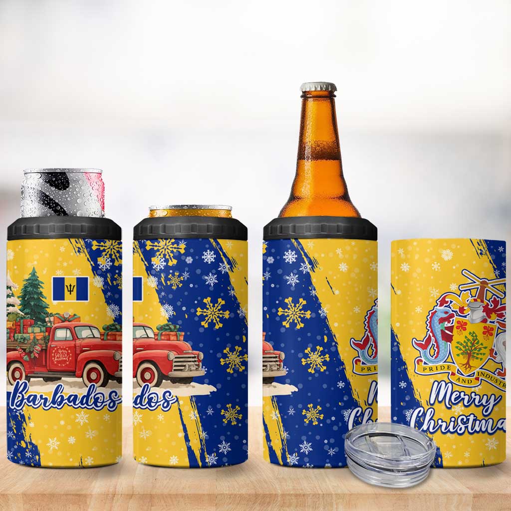 Barbados Christmas 4 in 1 Can Cooler Tumbler with Blue Yellow Xmas Snowflakes Red Truck and Coat of Arms - Wonder Print Shop