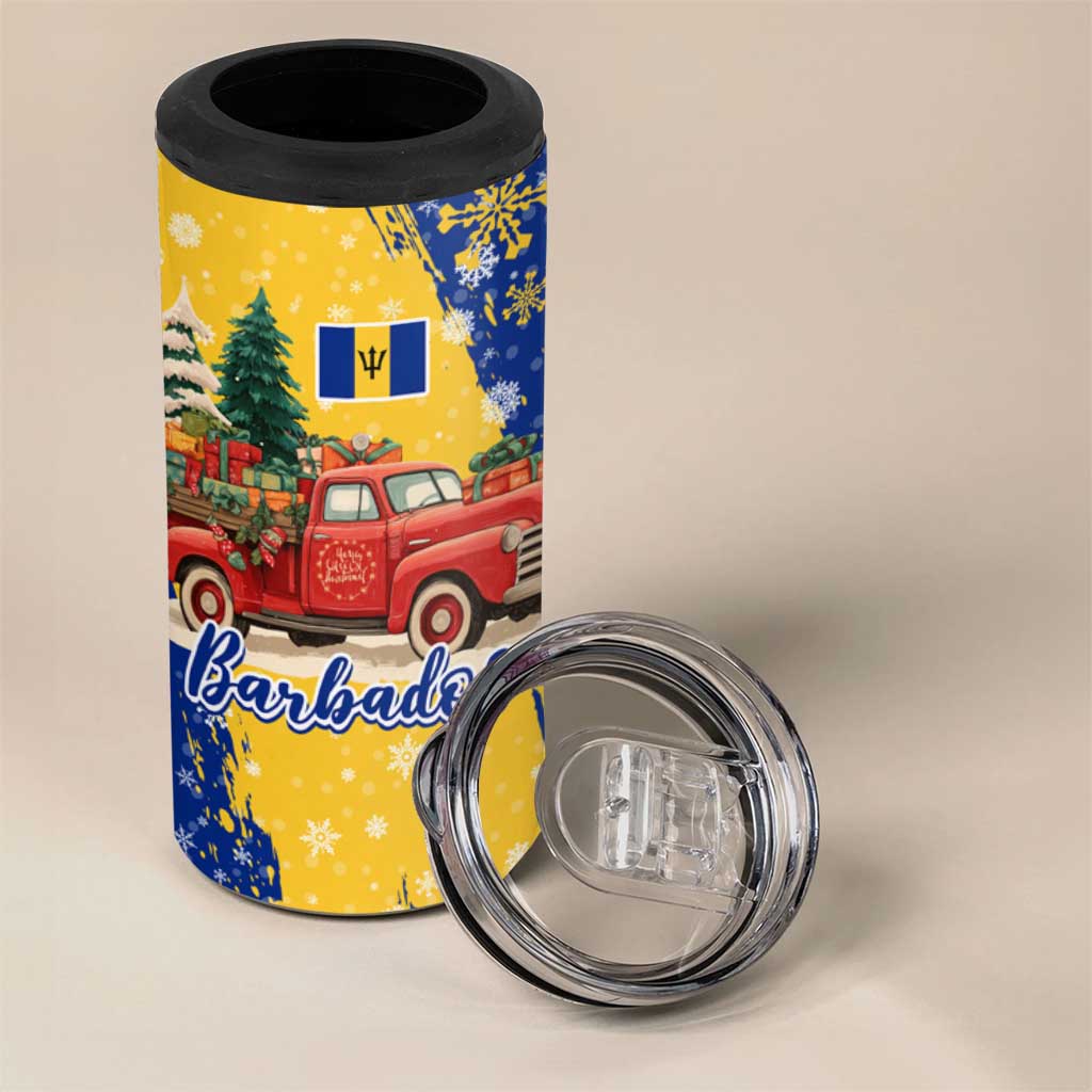 Barbados Christmas 4 in 1 Can Cooler Tumbler with Blue Yellow Xmas Snowflakes Red Truck and Coat of Arms - Wonder Print Shop