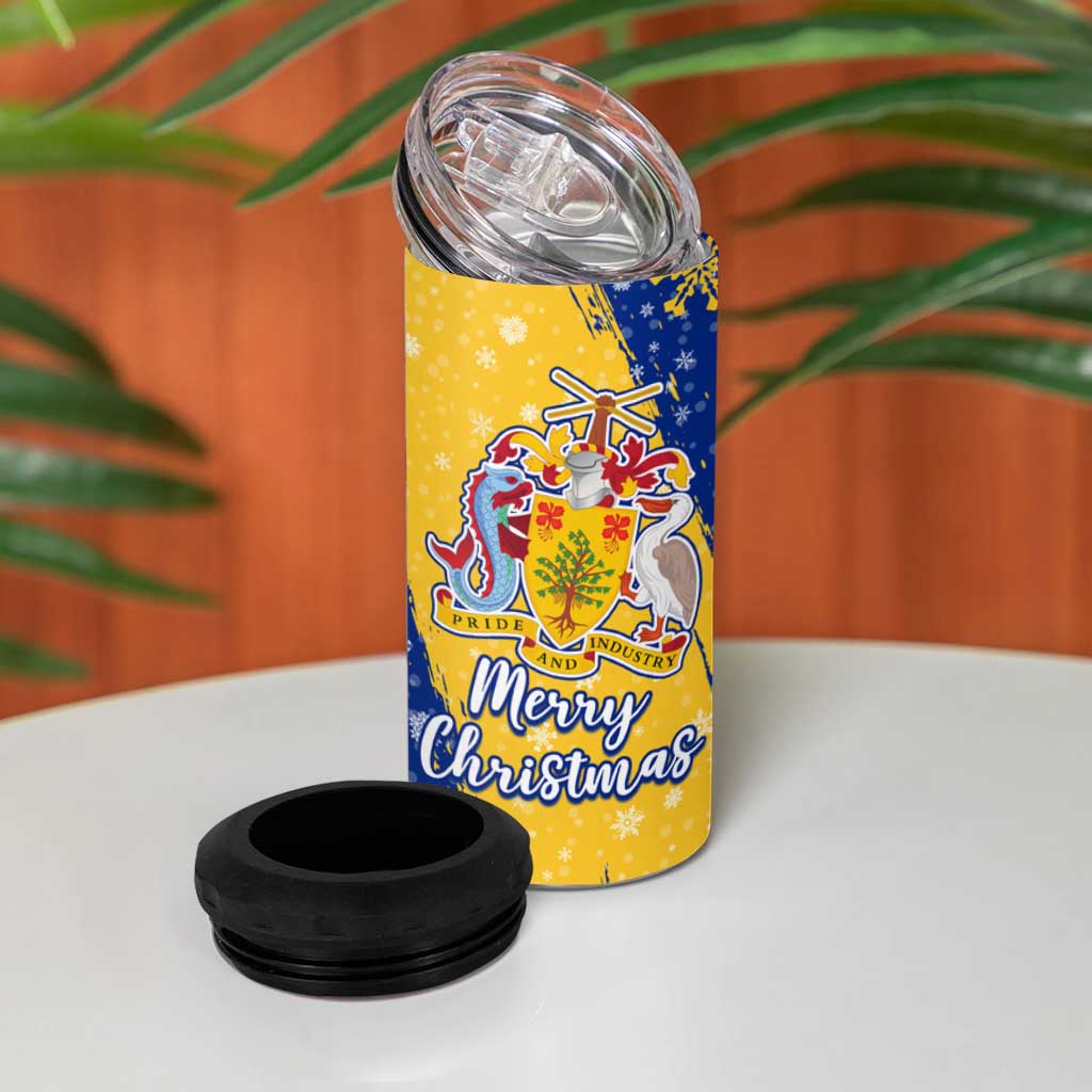 Barbados Christmas 4 in 1 Can Cooler Tumbler with Blue Yellow Xmas Snowflakes Red Truck and Coat of Arms - Wonder Print Shop