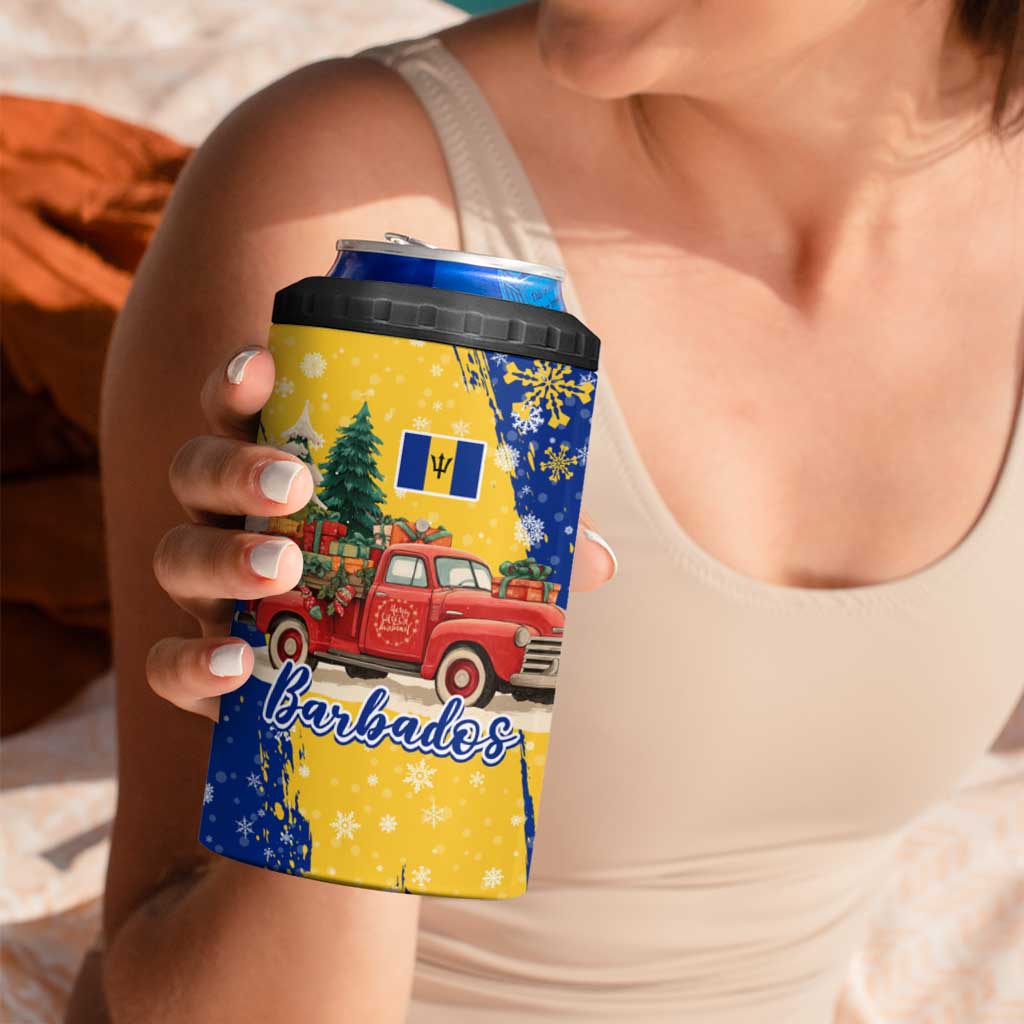 Barbados Christmas 4 in 1 Can Cooler Tumbler with Blue Yellow Xmas Snowflakes Red Truck and Coat of Arms - Wonder Print Shop
