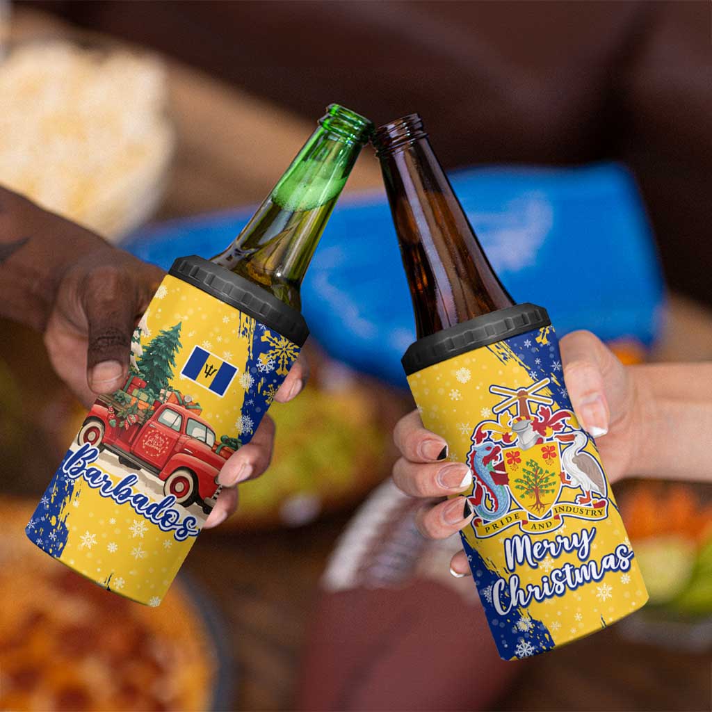 Barbados Christmas 4 in 1 Can Cooler Tumbler with Blue Yellow Xmas Snowflakes Red Truck and Coat of Arms - Wonder Print Shop