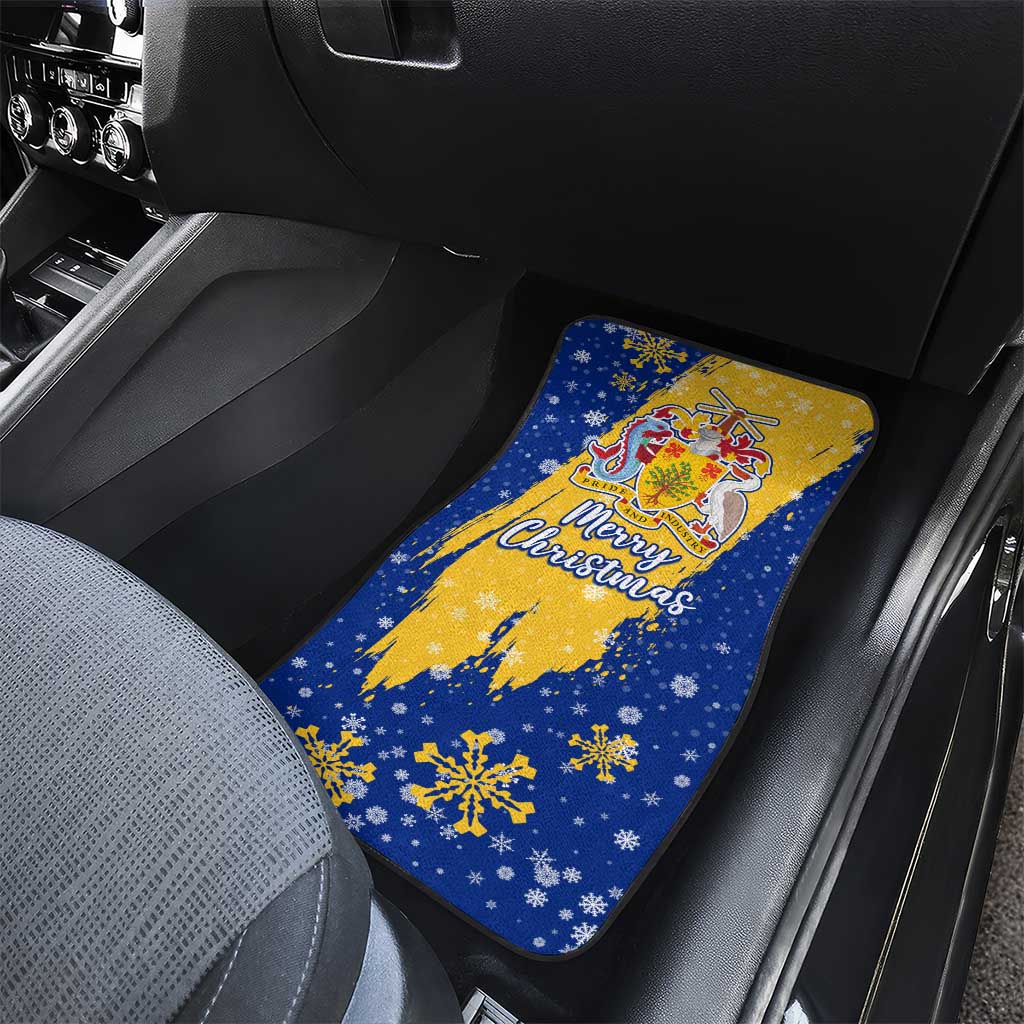 Barbados Christmas Car Mats with Blue Yellow Xmas Snowflakes Red Truck and Coat of Arms - Wonder Print Shop