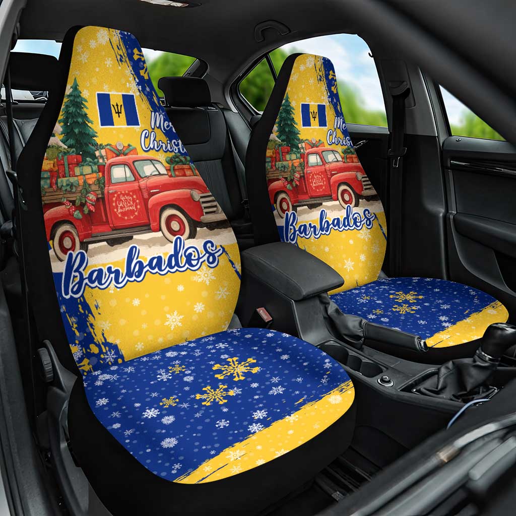 Barbados Christmas Car Seat Cover with Blue Yellow Xmas Snowflakes Red Truck and Coat of Arms - Wonder Print Shop