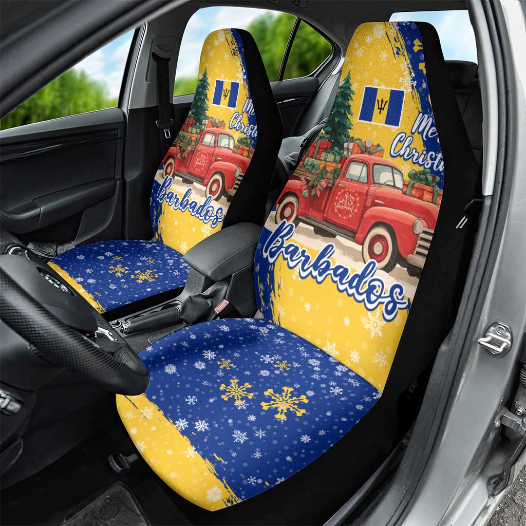 Barbados Christmas Car Seat Cover with Blue Yellow Xmas Snowflakes Red Truck and Coat of Arms - Wonder Print Shop