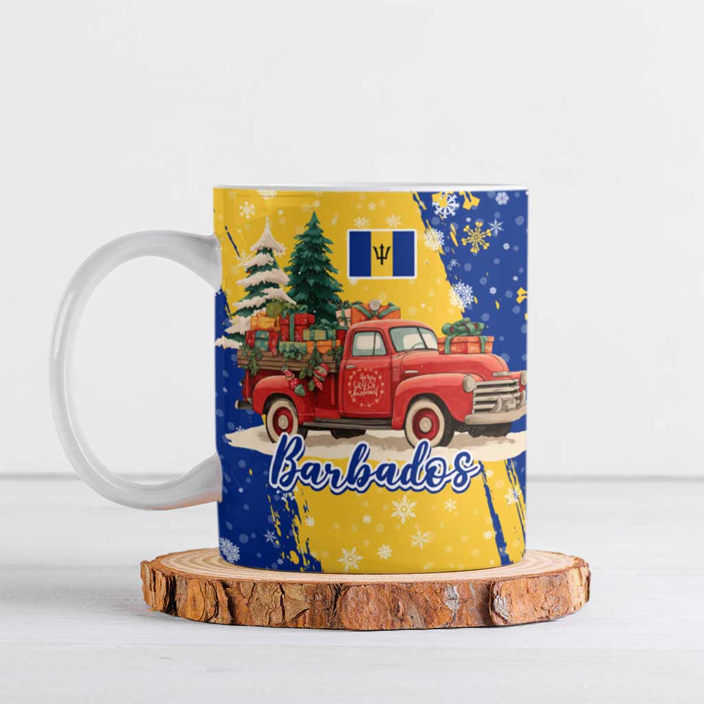 Barbados Christmas Ceramic Mug with Blue Yellow Xmas Snowflakes Red Truck and Coat of Arms - Wonder Print Shop