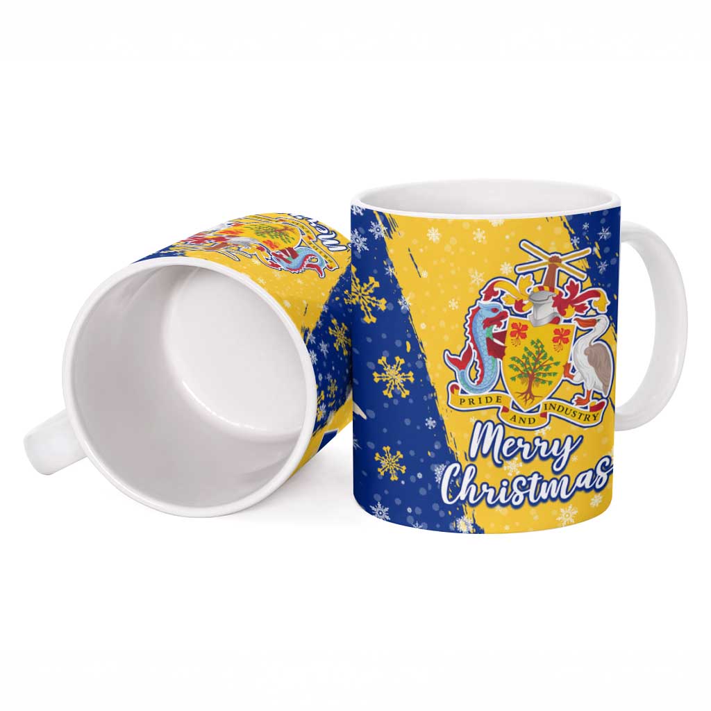 Barbados Christmas Ceramic Mug with Blue Yellow Xmas Snowflakes Red Truck and Coat of Arms - Wonder Print Shop