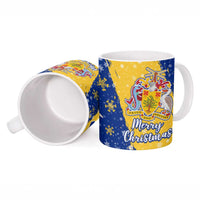 Barbados Christmas Ceramic Mug with Blue Yellow Xmas Snowflakes Red Truck and Coat of Arms - Wonder Print Shop
