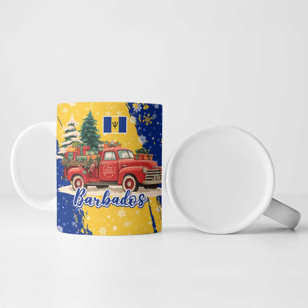 Barbados Christmas Ceramic Mug with Blue Yellow Xmas Snowflakes Red Truck and Coat of Arms - Wonder Print Shop