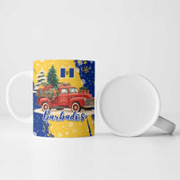 Barbados Christmas Ceramic Mug with Blue Yellow Xmas Snowflakes Red Truck and Coat of Arms - Wonder Print Shop