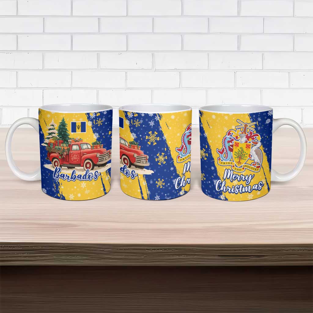 Barbados Christmas Ceramic Mug with Blue Yellow Xmas Snowflakes Red Truck and Coat of Arms - Wonder Print Shop