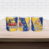 Barbados Christmas Ceramic Mug with Blue Yellow Xmas Snowflakes Red Truck and Coat of Arms - Wonder Print Shop