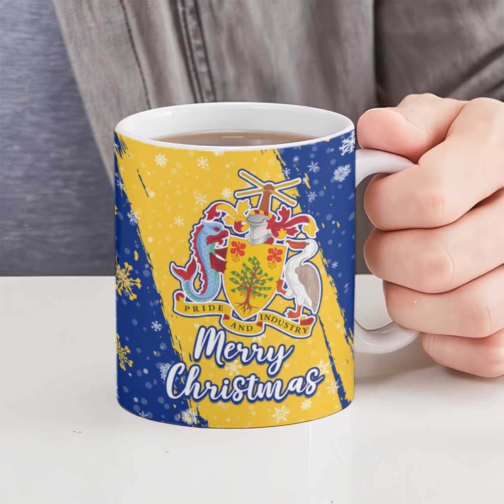 Barbados Christmas Ceramic Mug with Blue Yellow Xmas Snowflakes Red Truck and Coat of Arms - Wonder Print Shop