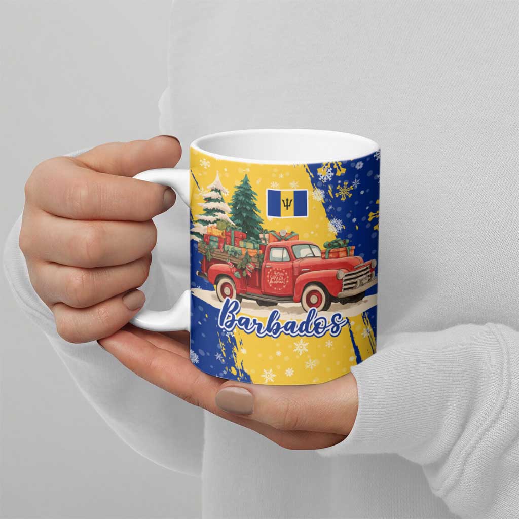 Barbados Christmas Ceramic Mug with Blue Yellow Xmas Snowflakes Red Truck and Coat of Arms - Wonder Print Shop
