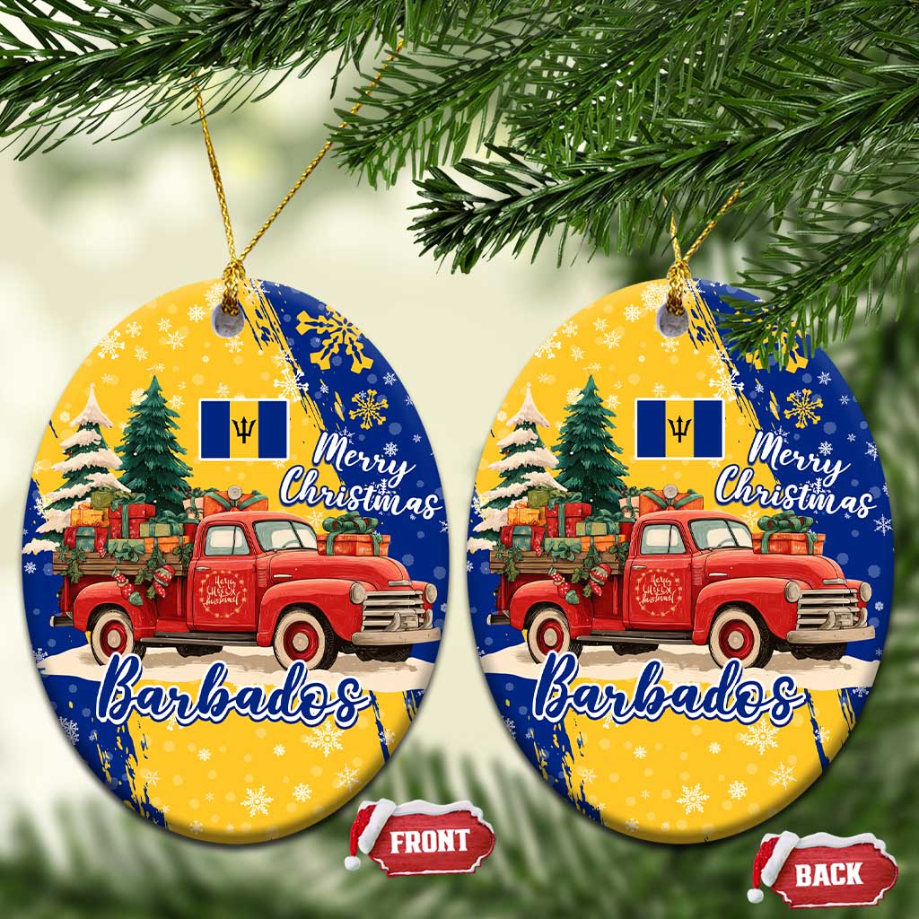 Barbados Christmas Ceramic Ornament with Blue Yellow Xmas Snowflakes Red Truck and Coat of Arms - Wonder Print Shop