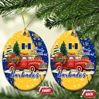 Barbados Christmas Ceramic Ornament with Blue Yellow Xmas Snowflakes Red Truck and Coat of Arms - Wonder Print Shop