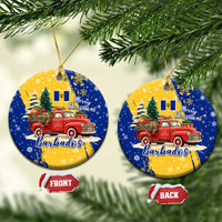 Barbados Christmas Ceramic Ornament with Blue Yellow Xmas Snowflakes Red Truck and Coat of Arms - Wonder Print Shop