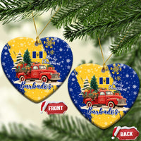 Barbados Christmas Ceramic Ornament with Blue Yellow Xmas Snowflakes Red Truck and Coat of Arms - Wonder Print Shop