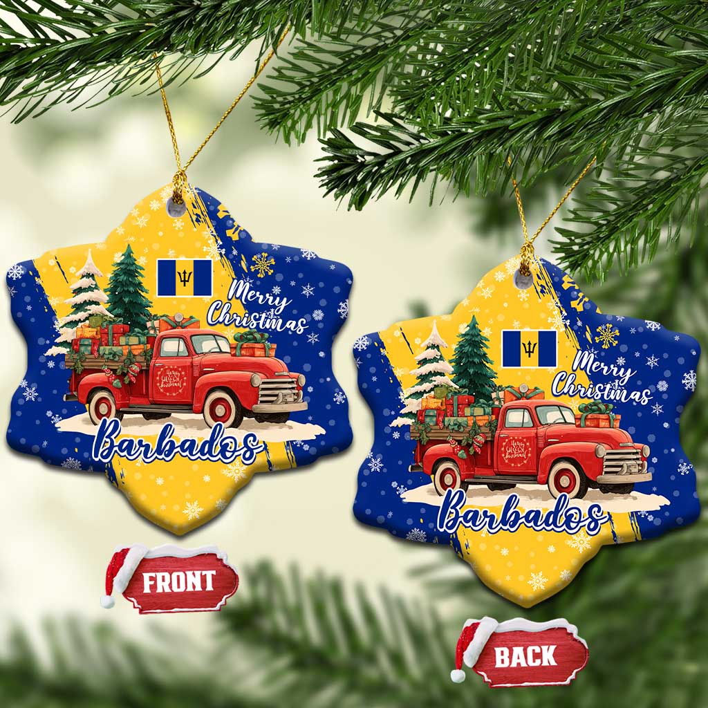Barbados Christmas Ceramic Ornament with Blue Yellow Xmas Snowflakes Red Truck and Coat of Arms - Wonder Print Shop