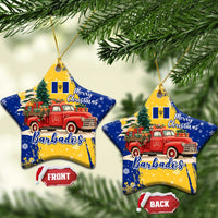 Barbados Christmas Ceramic Ornament with Blue Yellow Xmas Snowflakes Red Truck and Coat of Arms - Wonder Print Shop
