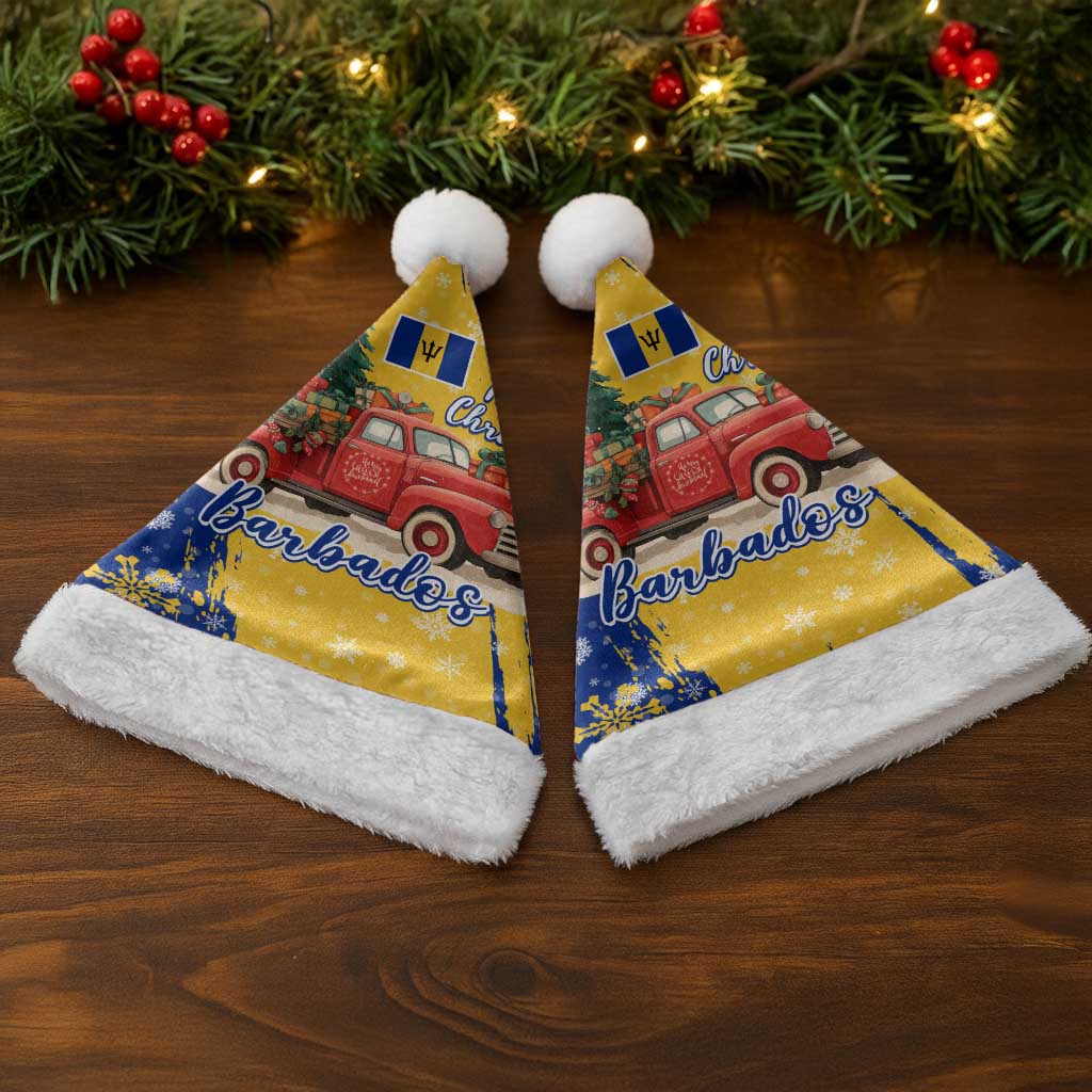 Barbados Christmas Santa Hat with Blue Yellow Xmas Snowflakes Red Truck and Coat of Arms - Wonder Print Shop