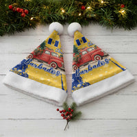 Barbados Christmas Santa Hat with Blue Yellow Xmas Snowflakes Red Truck and Coat of Arms - Wonder Print Shop