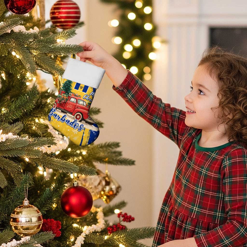 Barbados Christmas Stocking with Blue Yellow Xmas Snowflakes Red Truck and Coat of Arms - Wonder Print Shop