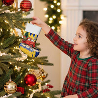 Barbados Christmas Stocking with Blue Yellow Xmas Snowflakes Red Truck and Coat of Arms - Wonder Print Shop