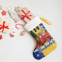 Barbados Christmas Stocking with Blue Yellow Xmas Snowflakes Red Truck and Coat of Arms - Wonder Print Shop