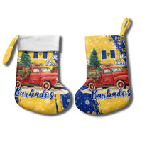 Barbados Christmas Stocking with Blue Yellow Xmas Snowflakes Red Truck and Coat of Arms - Wonder Print Shop