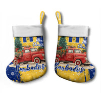 Barbados Christmas Stocking with Blue Yellow Xmas Snowflakes Red Truck and Coat of Arms - Wonder Print Shop