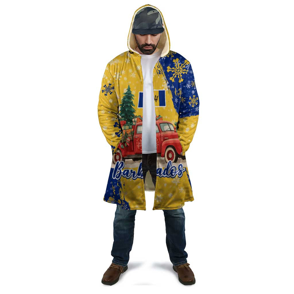 Barbados Christmas Cloak with Blue Yellow Xmas Snowflakes Red Truck and Coat of Arms - Wonder Print Shop