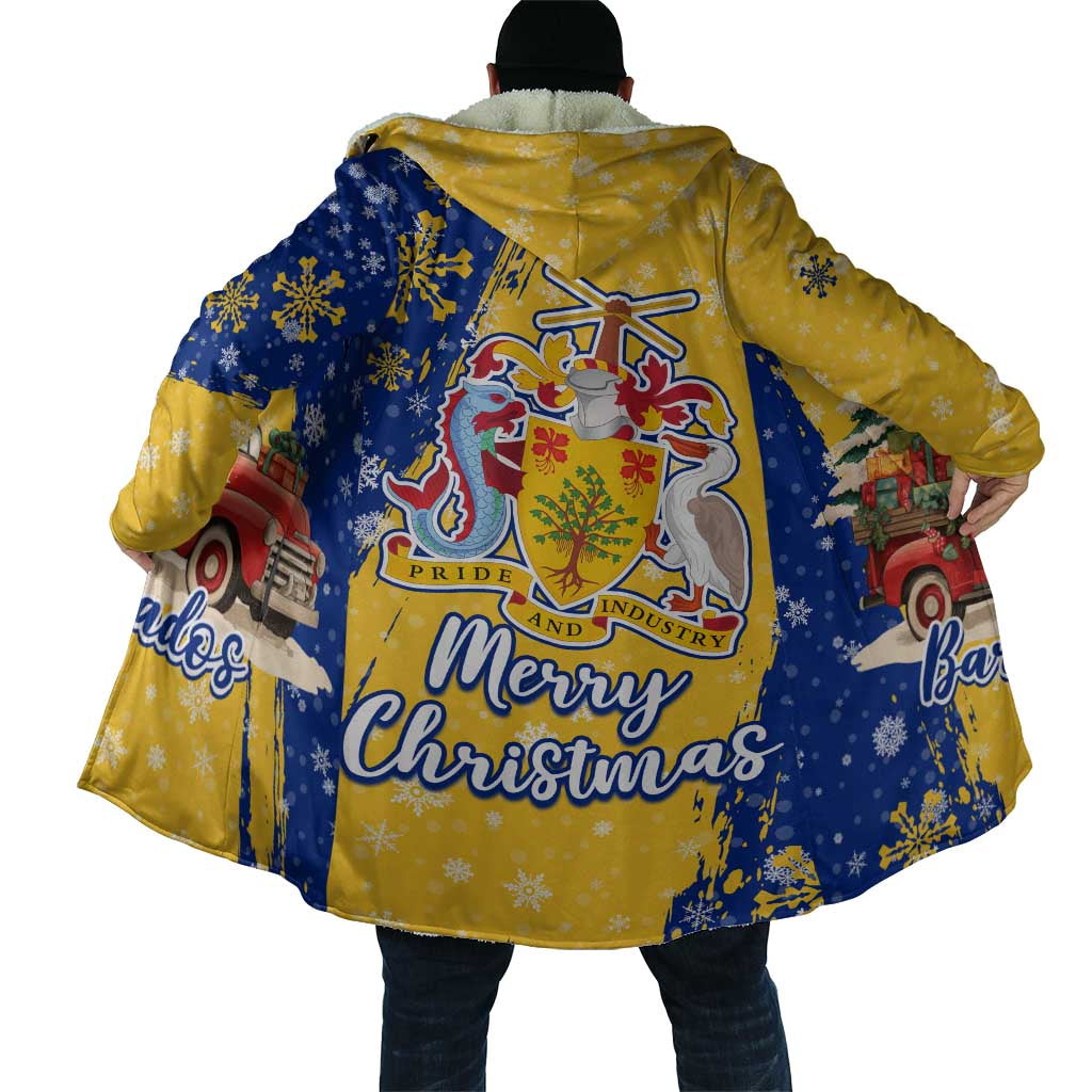 Barbados Christmas Cloak with Blue Yellow Xmas Snowflakes Red Truck and Coat of Arms - Wonder Print Shop