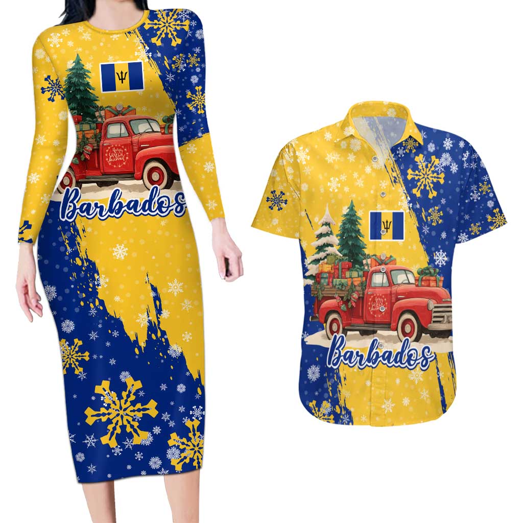 Barbados Christmas Couples Matching Long Sleeve Bodycon Dress and Hawaiian Shirt with Blue Yellow Xmas Snowflakes Red Truck and Coat of Arms - Wonder Print Shop