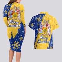 Barbados Christmas Couples Matching Long Sleeve Bodycon Dress and Hawaiian Shirt with Blue Yellow Xmas Snowflakes Red Truck and Coat of Arms - Wonder Print Shop