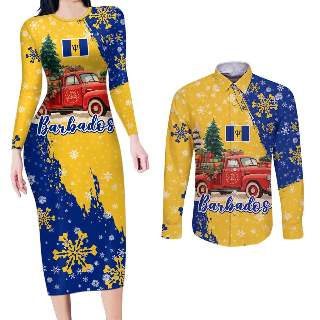 Barbados Christmas Couples Matching Long Sleeve Bodycon Dress and Long Sleeve Button Shirt with Blue Yellow Xmas Snowflakes Red Truck and Coat of Arms - Wonder Print Shop