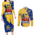 Barbados Christmas Couples Matching Long Sleeve Bodycon Dress and Long Sleeve Button Shirt with Blue Yellow Xmas Snowflakes Red Truck and Coat of Arms - Wonder Print Shop