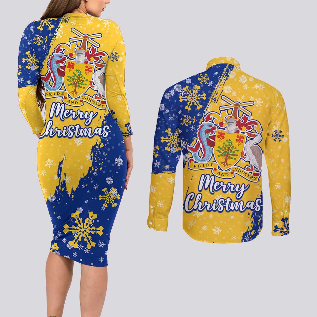 Barbados Christmas Couples Matching Long Sleeve Bodycon Dress and Long Sleeve Button Shirt with Blue Yellow Xmas Snowflakes Red Truck and Coat of Arms - Wonder Print Shop