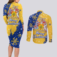 Barbados Christmas Couples Matching Long Sleeve Bodycon Dress and Long Sleeve Button Shirt with Blue Yellow Xmas Snowflakes Red Truck and Coat of Arms - Wonder Print Shop