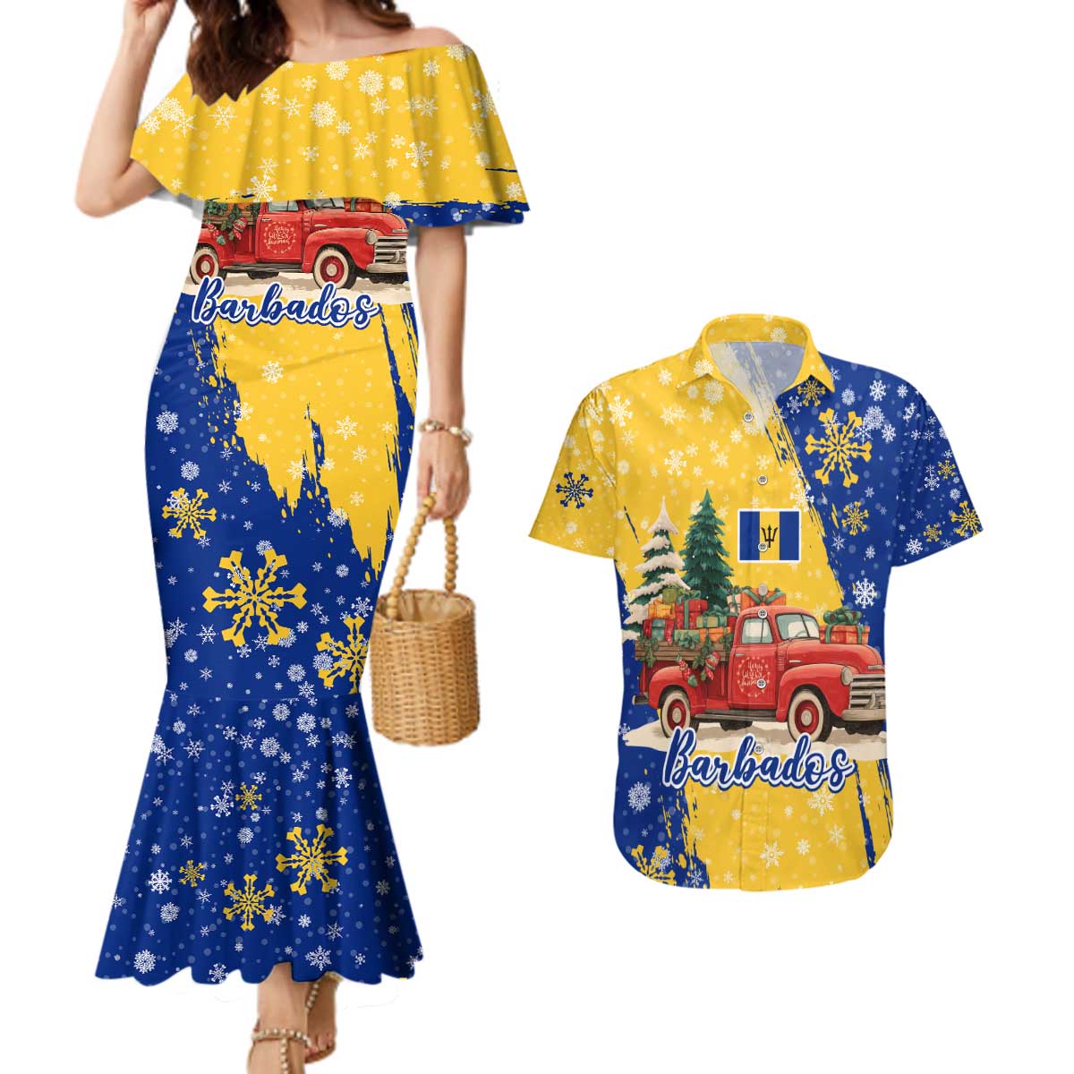 Barbados Christmas Couples Matching Mermaid Dress and Hawaiian Shirt with Blue Yellow Xmas Snowflakes Red Truck and Coat of Arms - Wonder Print Shop