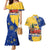 Barbados Christmas Couples Matching Mermaid Dress and Hawaiian Shirt with Blue Yellow Xmas Snowflakes Red Truck and Coat of Arms - Wonder Print Shop