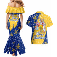 Barbados Christmas Couples Matching Mermaid Dress and Hawaiian Shirt with Blue Yellow Xmas Snowflakes Red Truck and Coat of Arms - Wonder Print Shop