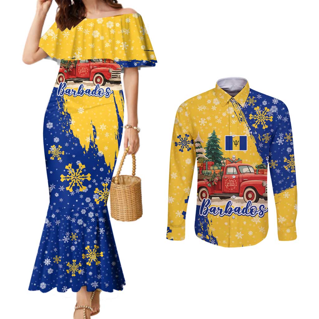 Barbados Christmas Couples Matching Mermaid Dress and Long Sleeve Button Shirt with Blue Yellow Xmas Snowflakes Red Truck and Coat of Arms - Wonder Print Shop