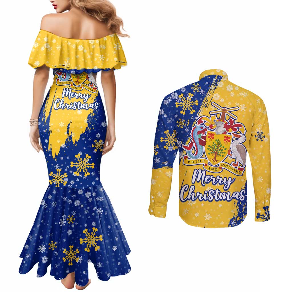 Barbados Christmas Couples Matching Mermaid Dress and Long Sleeve Button Shirt with Blue Yellow Xmas Snowflakes Red Truck and Coat of Arms - Wonder Print Shop