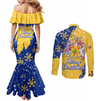 Barbados Christmas Couples Matching Mermaid Dress and Long Sleeve Button Shirt with Blue Yellow Xmas Snowflakes Red Truck and Coat of Arms - Wonder Print Shop