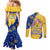 Barbados Christmas Couples Matching Mermaid Dress and Long Sleeve Button Shirt with Blue Yellow Xmas Snowflakes Red Truck and Coat of Arms - Wonder Print Shop