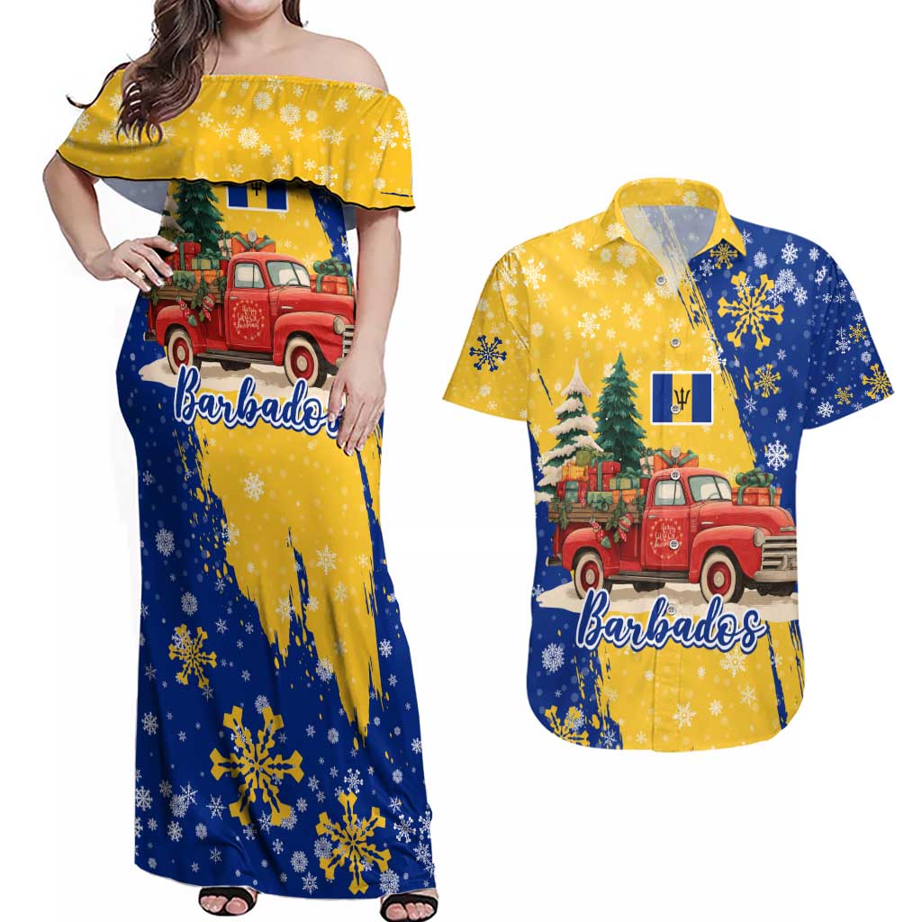 Barbados Christmas Couples Matching Off Shoulder Maxi Dress and Hawaiian Shirt with Blue Yellow Xmas Snowflakes Red Truck and Coat of Arms - Wonder Print Shop