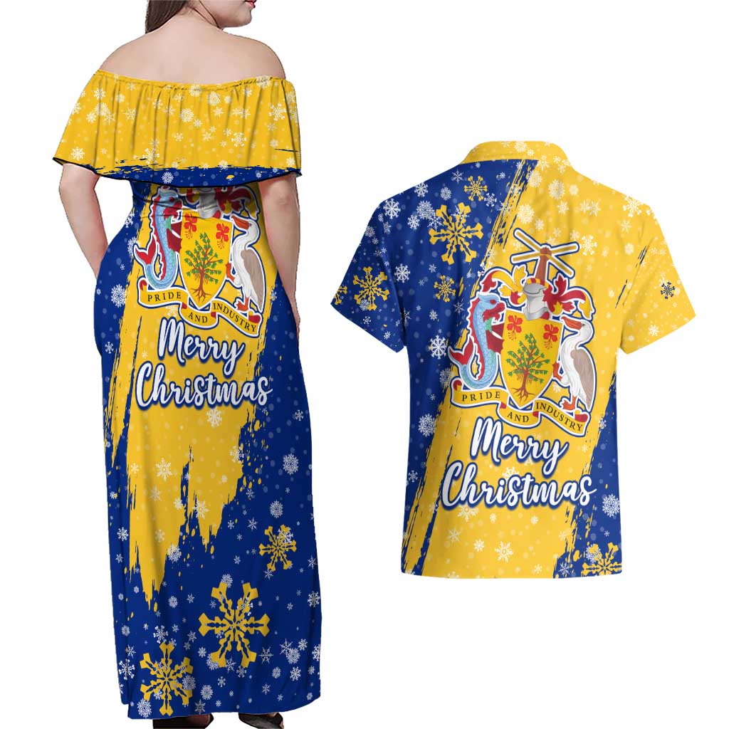 Barbados Christmas Couples Matching Off Shoulder Maxi Dress and Hawaiian Shirt with Blue Yellow Xmas Snowflakes Red Truck and Coat of Arms - Wonder Print Shop