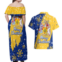 Barbados Christmas Couples Matching Off Shoulder Maxi Dress and Hawaiian Shirt with Blue Yellow Xmas Snowflakes Red Truck and Coat of Arms - Wonder Print Shop