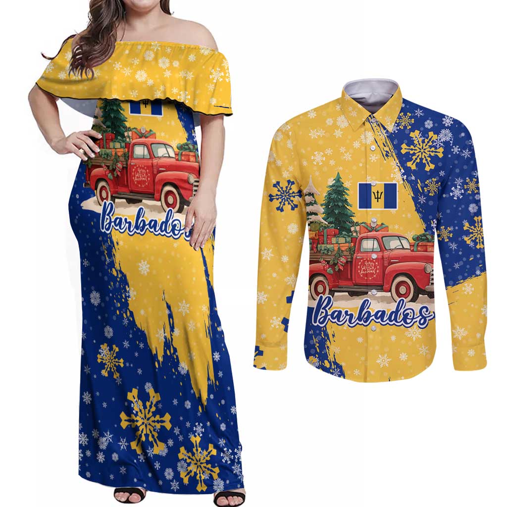 Barbados Christmas Couples Matching Off Shoulder Maxi Dress and Long Sleeve Button Shirt with Blue Yellow Xmas Snowflakes Red Truck and Coat of Arms - Wonder Print Shop