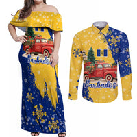 Barbados Christmas Couples Matching Off Shoulder Maxi Dress and Long Sleeve Button Shirt with Blue Yellow Xmas Snowflakes Red Truck and Coat of Arms - Wonder Print Shop